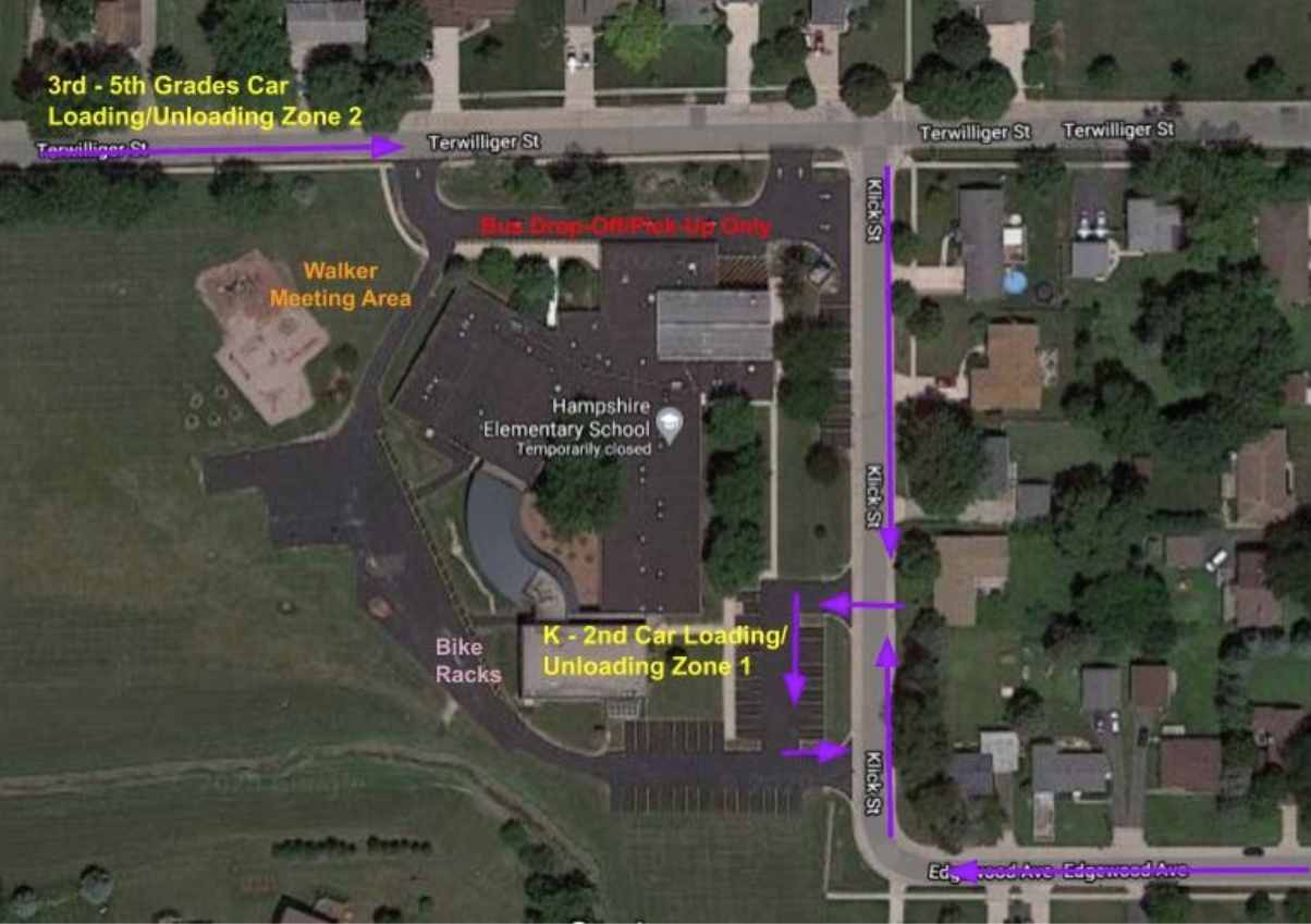 HES map showing Zone 1 (K-2nd Grade) & Zone 2 (3rd-5th Grade) car loading/unloading areas